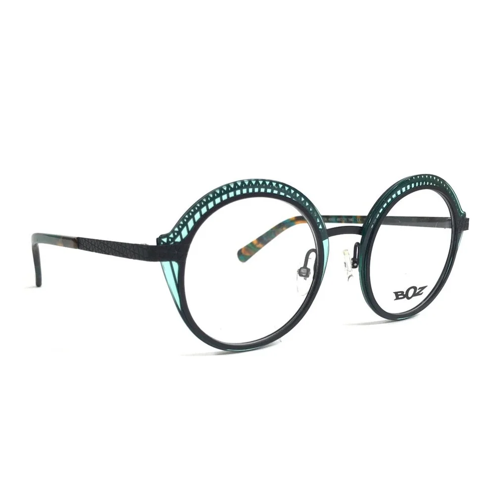 Boz Eyeglasses Frames ITZA 4000 Black Clear Green Round Full Rim 48-21-140